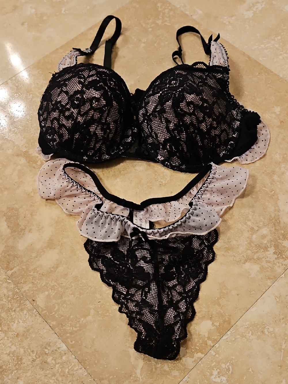 NWOT sophie b. Black Lace Bra and Pink Polka-Dot Ruffle Thong Set